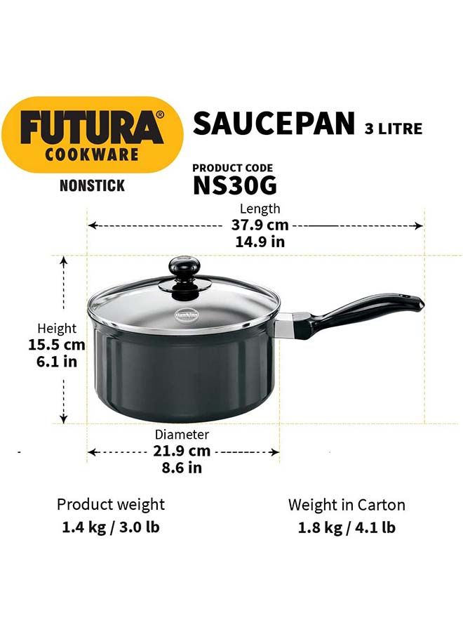 Futura Nonstick Saucepan With Glass Lid Black 3 Liter