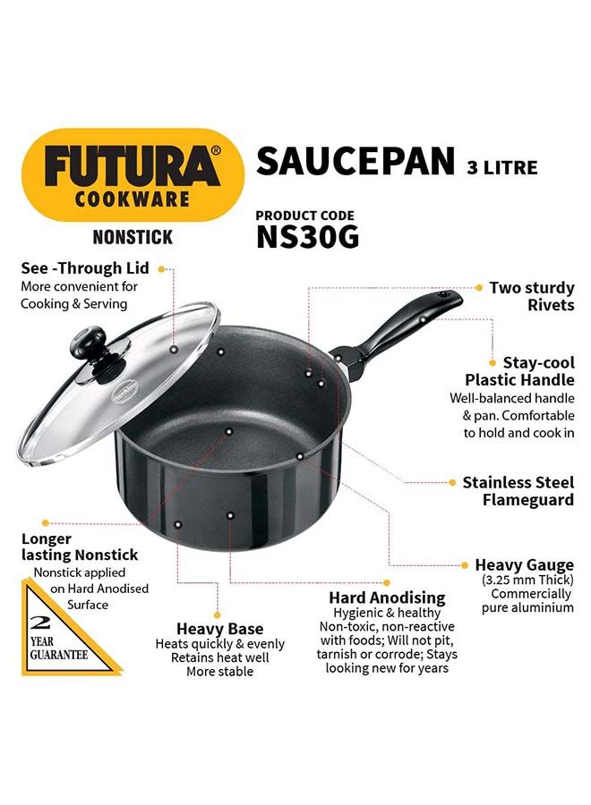 Futura Nonstick Saucepan With Glass Lid Black 3 Liter