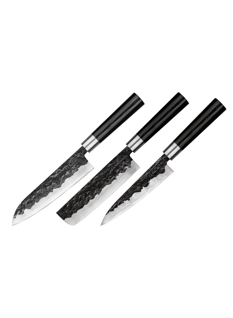 Samura Blacksmith Set Of 3 Kitchen  Knives: Utility Knife Nakiri Knife Santoku Knife