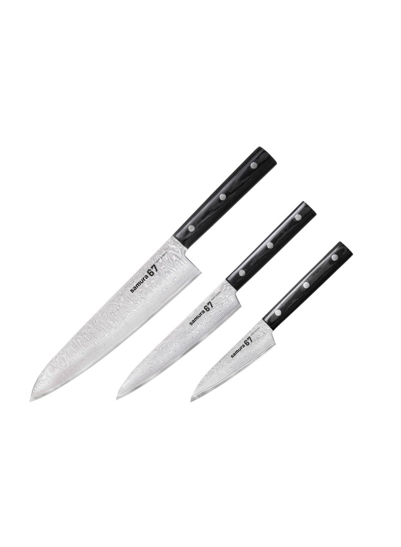 Samura Damascus 67 Set Of 3 Kitchen Knives: Paring Knife Utility Knife Chef'S Knife 67 Layers