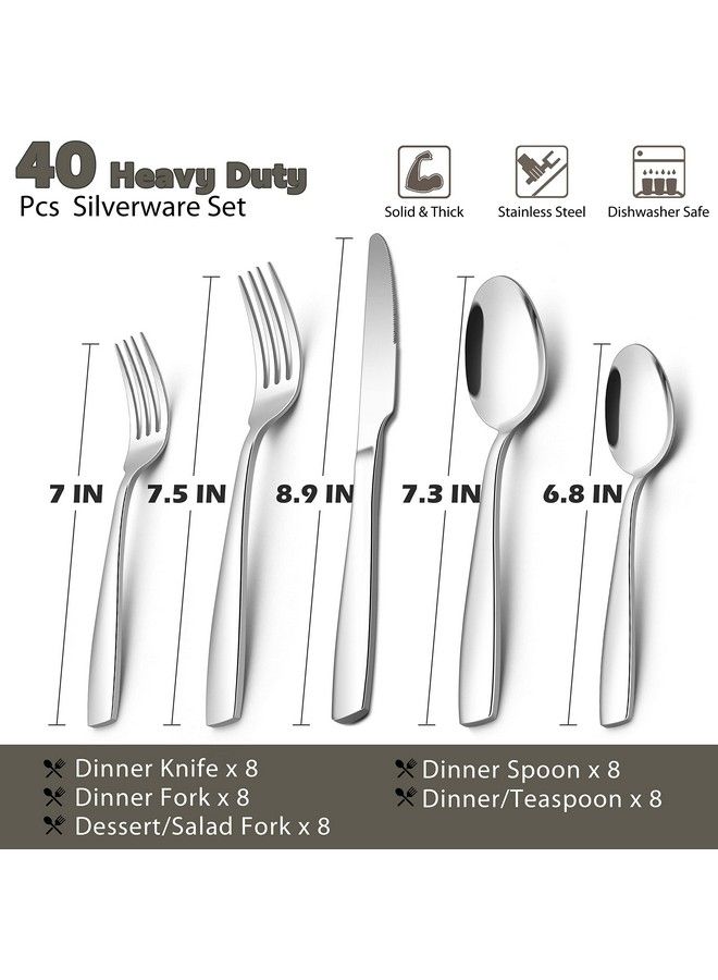 40Piece Heavy Duty Silverware Set For 8 Efar Stainless Steel Flatware Cutlery Set Thick Metal Tableware Eating Utensils Include Forks Spoons Knives Square Edge & Mirror Polished Dishwasher Safe