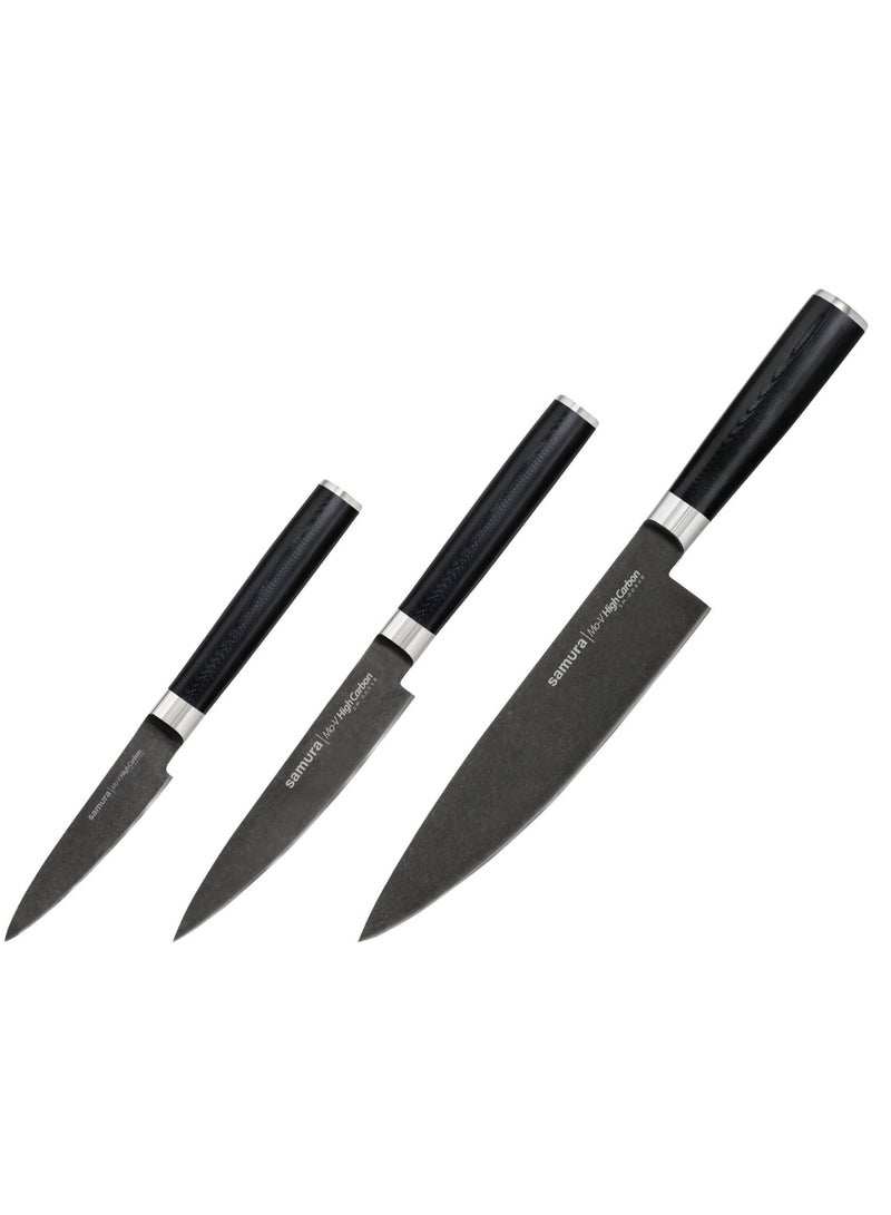 Samura Mo-V Stonewash Set Of 3 Kitchen Knives In A Gift Box Stonewash Paring Knife Stonewash Utility Knife Stonewash Chef'S Knife
