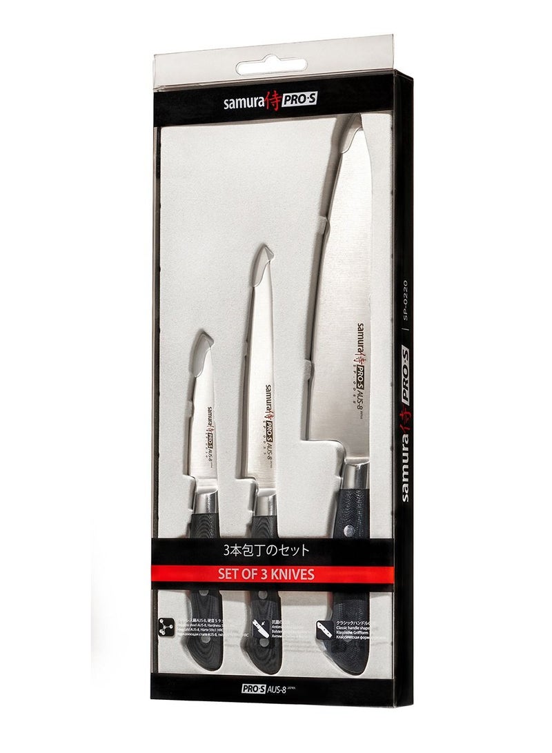 Samura Pro-S Set Of 3 Kitchen  Knives: Paring Knife Utility Knife and Chef'S Knife