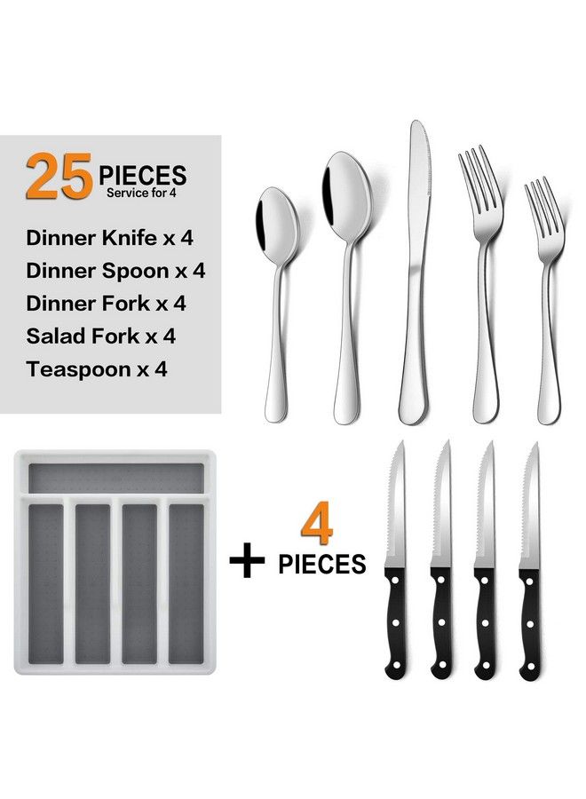 24Piece Silverware Set With Organizer Tray And Steak Knives Efar Stainless Steel Flatware Cutlery Service For 4 Basic Tableware Eating Utensils For Home Kitchen Mirror Polished Dishwasher Safe