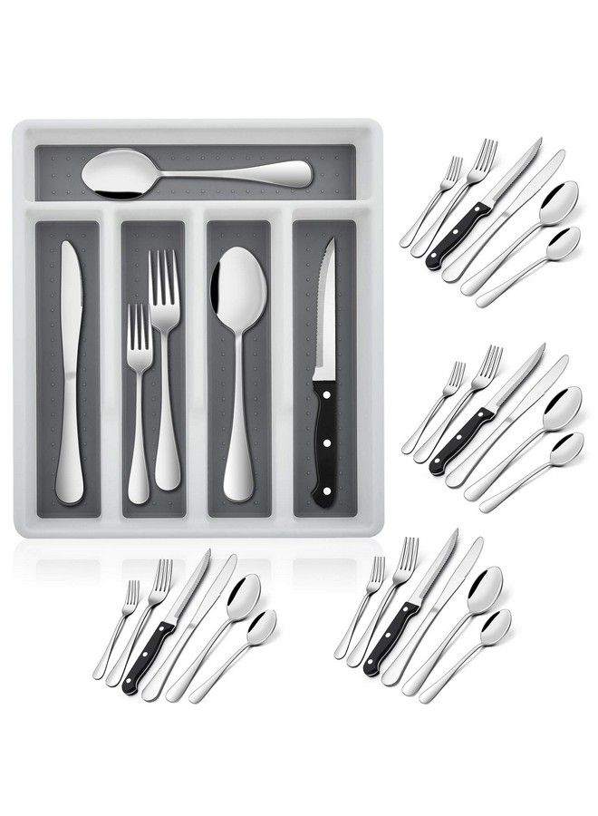 24Piece Silverware Set With Organizer Tray And Steak Knives Efar Stainless Steel Flatware Cutlery Service For 4 Basic Tableware Eating Utensils For Home Kitchen Mirror Polished Dishwasher Safe