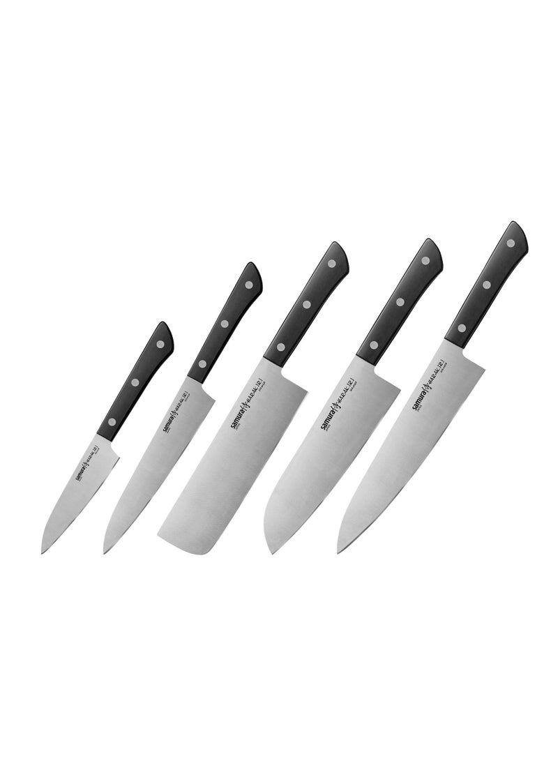 Samura Harakiri Set Of 5 Kitchen  Knives With Black Handles: Paring Utility Nakiri Santoku Chef'S Knife