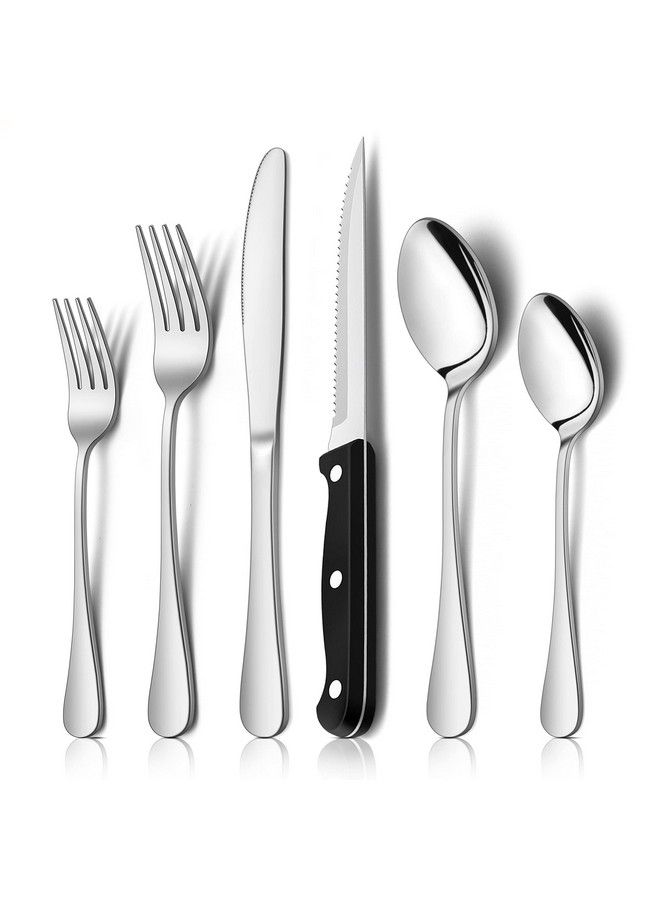 24Piece Silverware Set With Steak Knives Stainless Steel Flatware Cutlery Set Eating Utensils For 4 Spoons Forks Knives For Home Kitchen Simple Design & Mirror Finish Dishwasher Safe
