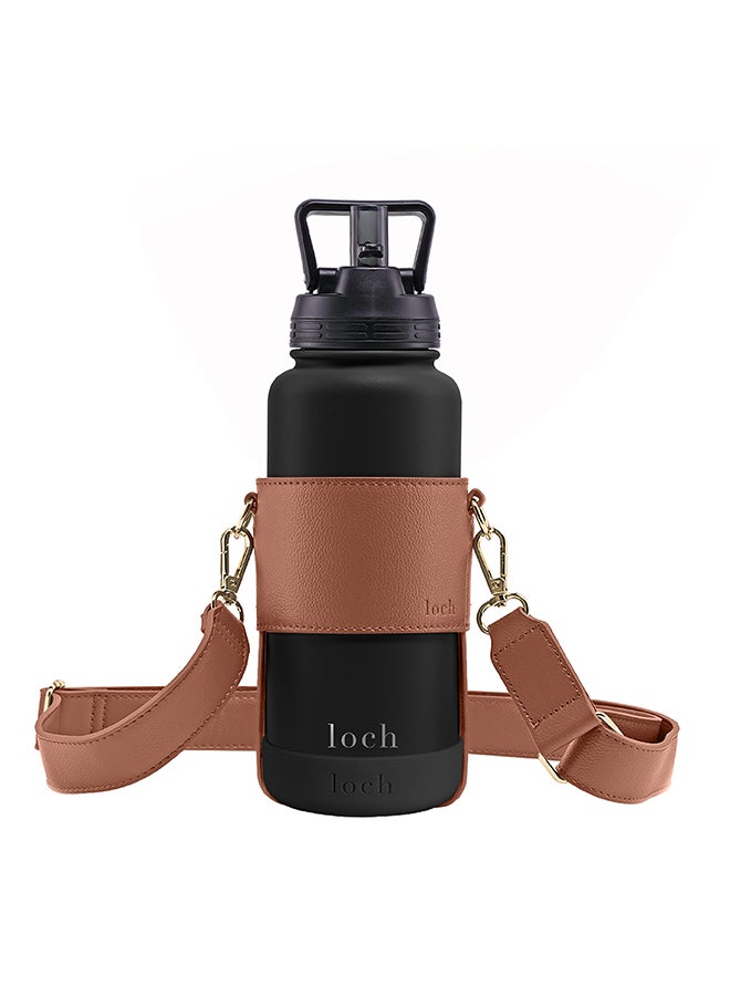 LOCH Water Bottle Brown Strap Gold Metal 1200ml