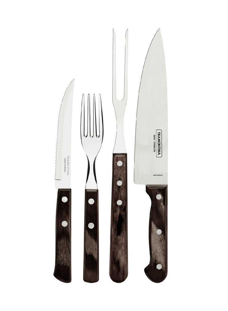 Since 1911,Made in Brazil- Churrasco 14 Pieces Stainless Steel Barbecue Kit Set with Treated Brown Polywood Handles
