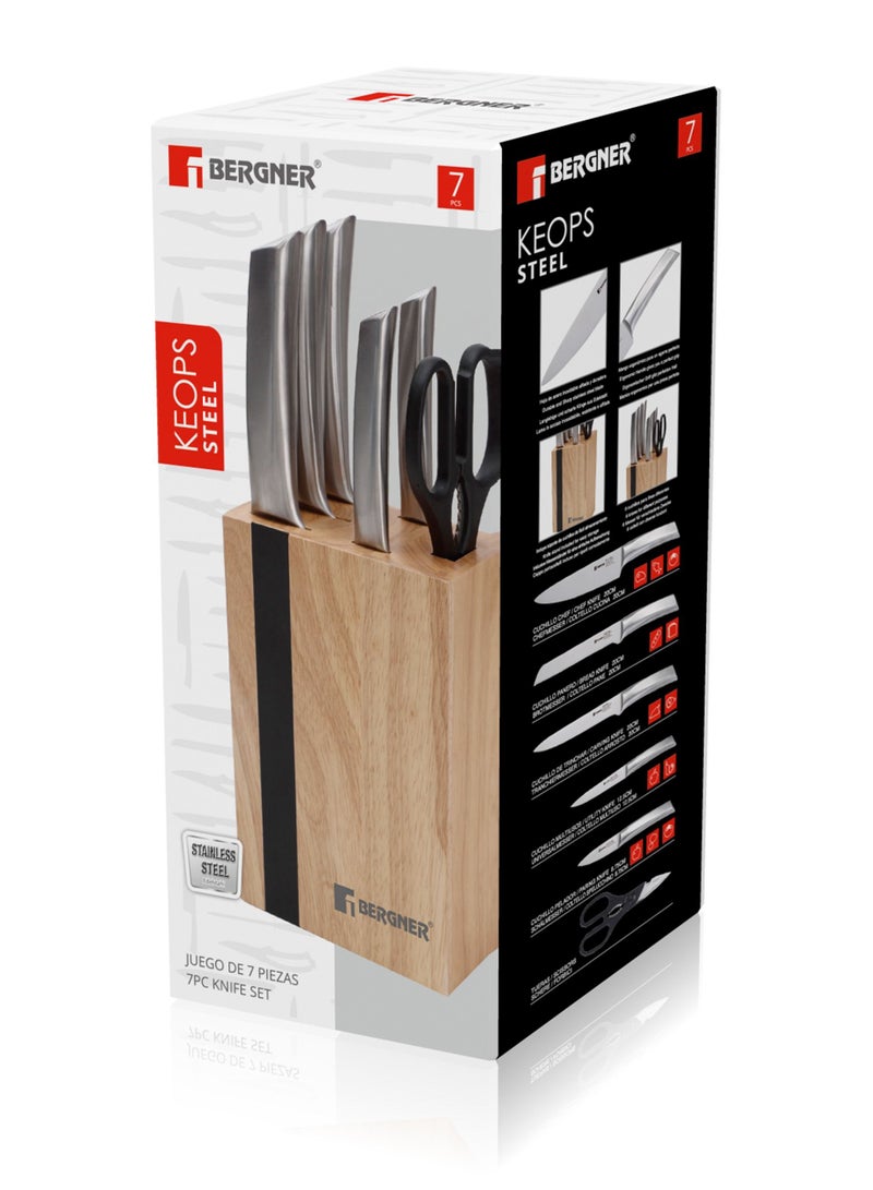 KEOPS-STEEL 6PC STAINLESS STEEL STEAK KNIFE SET WITH WOODEN KNIFE BLOCK