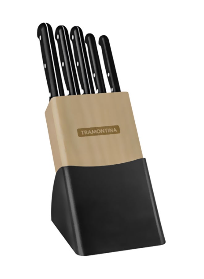 6-Piece Cutlery Set With Wooden Block Antibacterial Handles Black/Beige/Silver 25.5x14x6cm