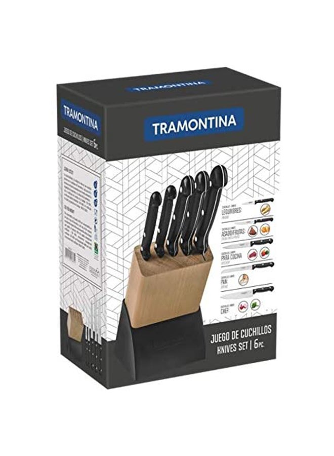 6-Piece Cutlery Set With Wooden Block Antibacterial Handles Black/Beige/Silver 25.5x14x6cm
