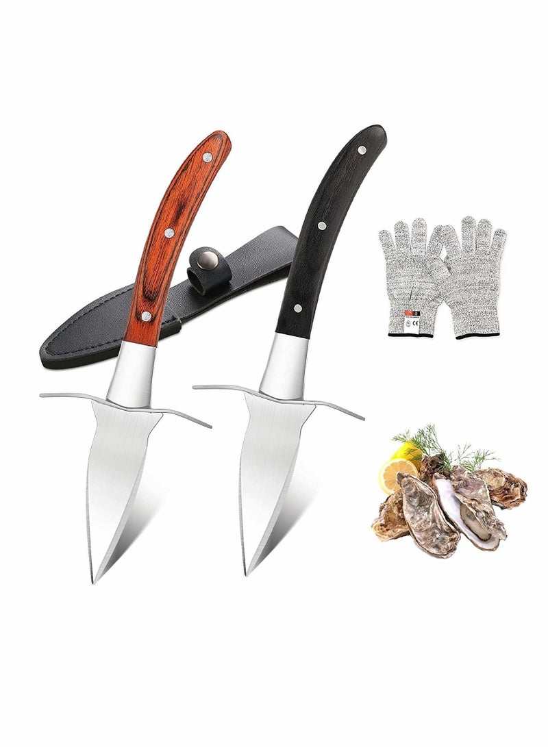 Oyster Knife Shucker Set, Gloves Cut Resistant Level 5 Protection Seafood Opener Kit Tools, 3.5’’ Stainless steel Knife, Thoughtful Gift for Lovers, Home Restaurant (2knifes+1Glove)