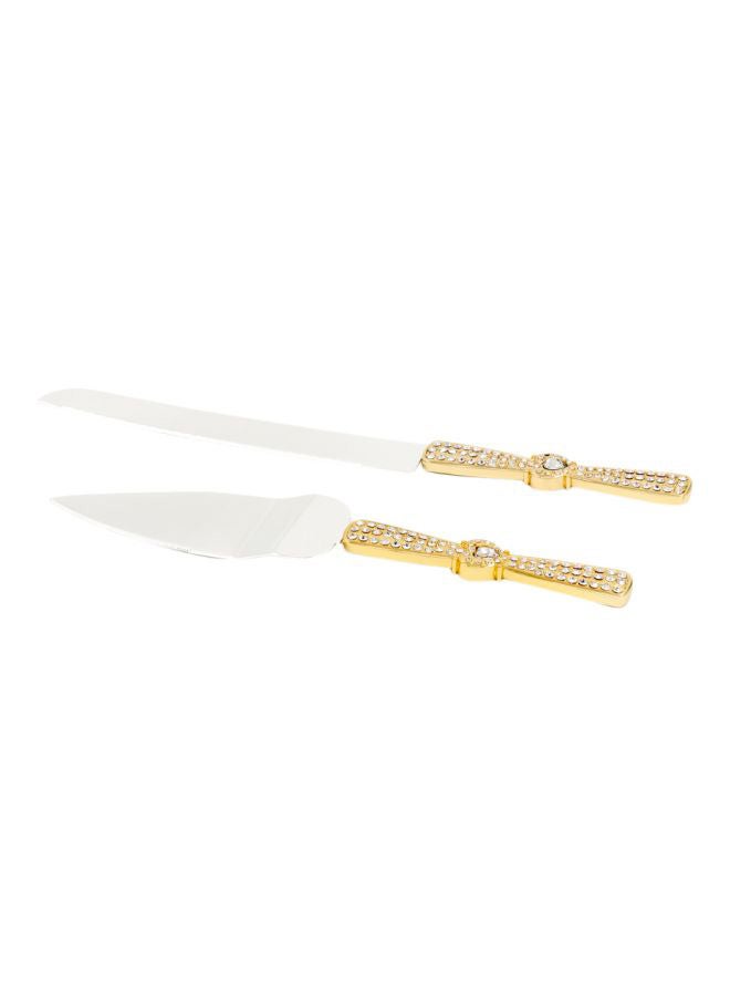 2-Piece Cake Knife Set Gold/Silver 1xCake Shovel 13x37x3 , 1xLarge Knife 20cm