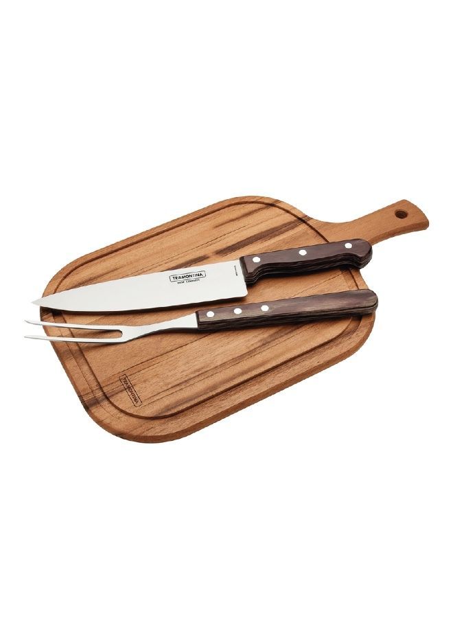 Since 1911,Made in Brazil- Churrasco 3-Pieces Barbecue Carving Set with Stainless Steel Blades and Treated Brown Polywood Handles and Wood Cutting Board
