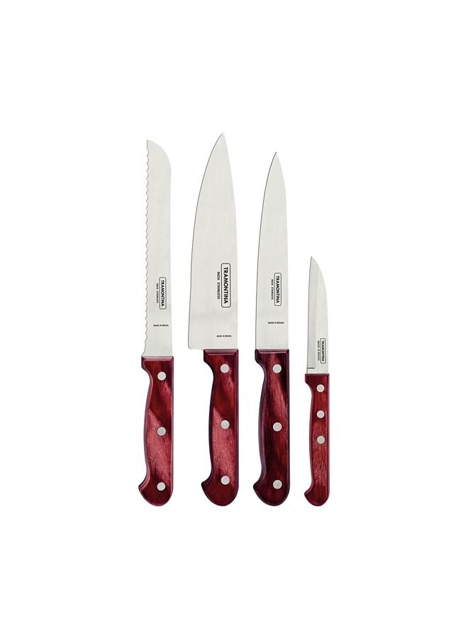 Polywood 4 Pieces Knife Set with Stainless Steel Blade and Red Treated Wood Handle Red