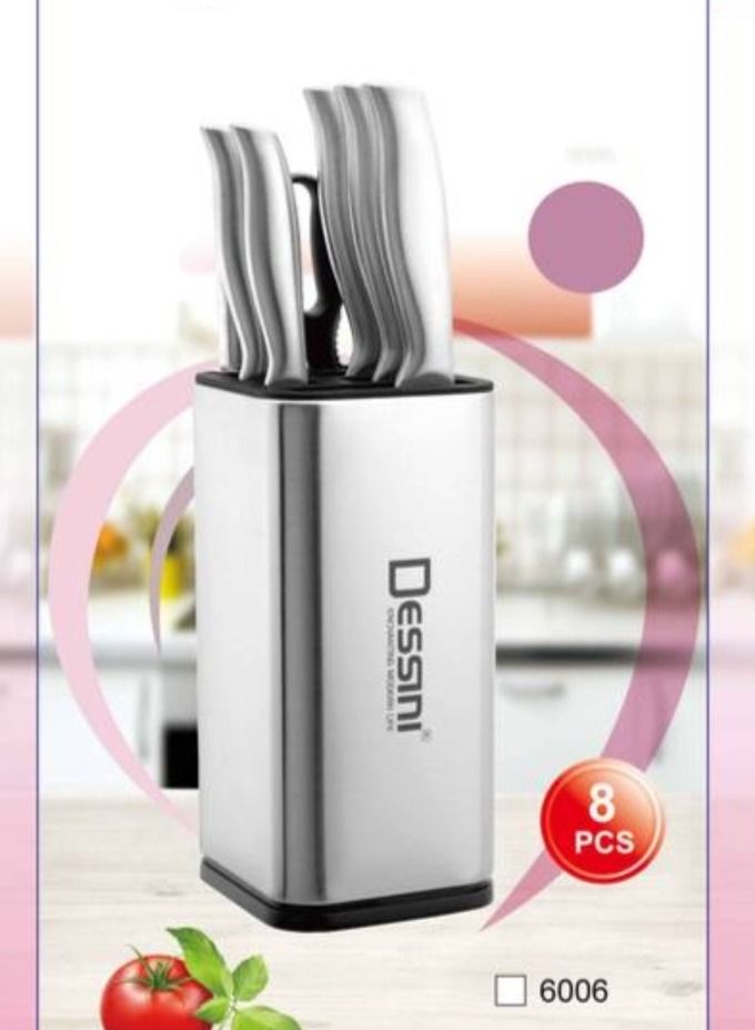 8-Pieces Stainless Steel Kitchen Knife Set Includes 5x knifes 1x Sharpener 1x Scissors 1x Acrylic block holder