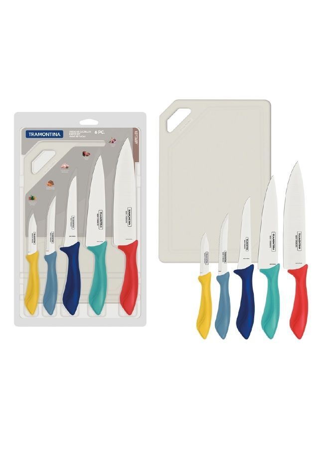 Tramontina 6 Pieces Knives Set With Cutting Board | Stainless Steel Blades With Polypropylene Handles Multicolor | Chef, Kitchen, Boning, Steak And Vetables Knife Affilata