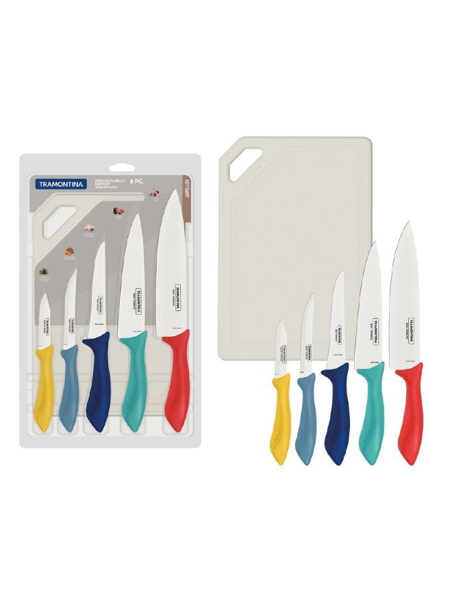 Since 1911,Made in Brazil-  6 Pieces Knives Set With Cutting Board | Stainless Steel Blades With Polypropylene Handles Multicolor | Chef, Kitchen, Boning, Steak And Vetables Knife Affilata