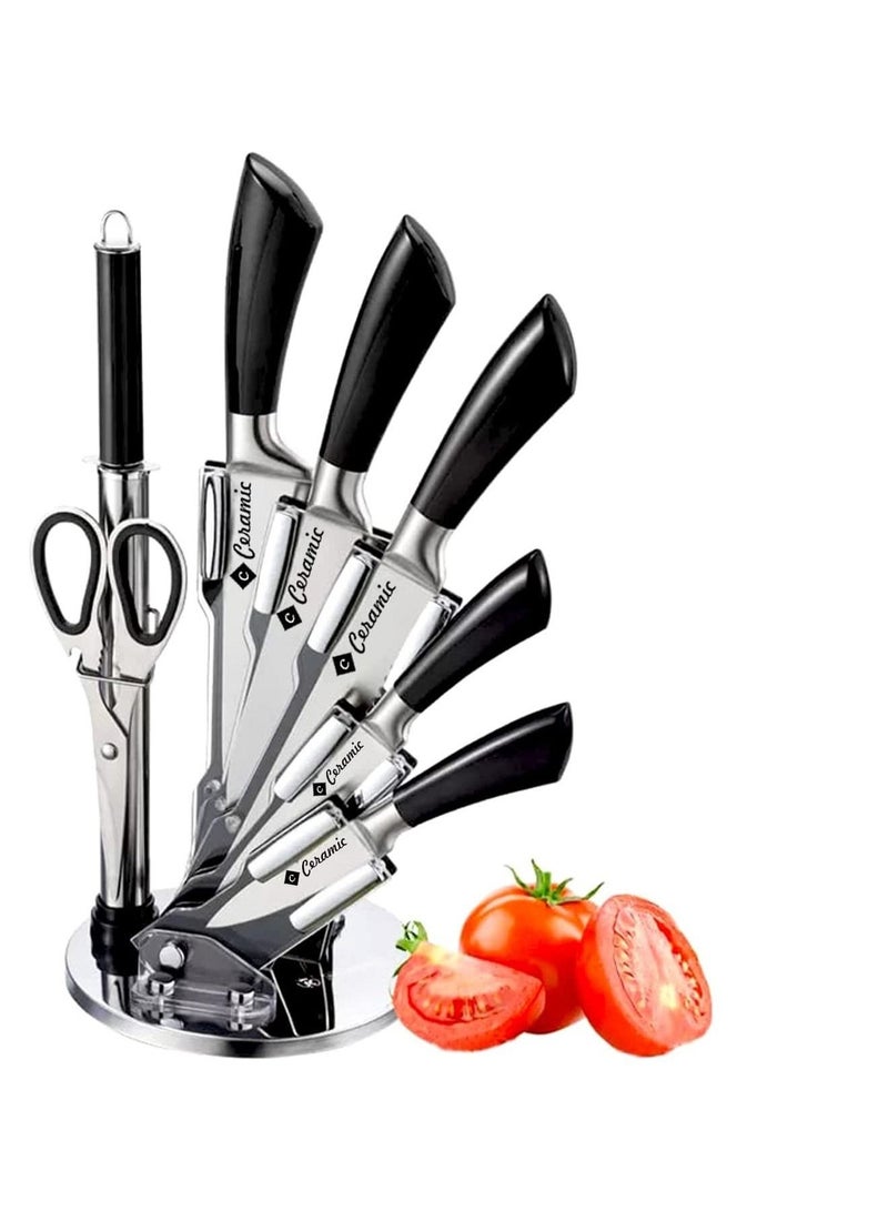 7-Pecs Kitchen Knife Set with stand Knife Sharpener and Scissors Ergonomic Non-Slip Handles Laser Cut Blade Sharpness Chef Quality Stainless Steel Black