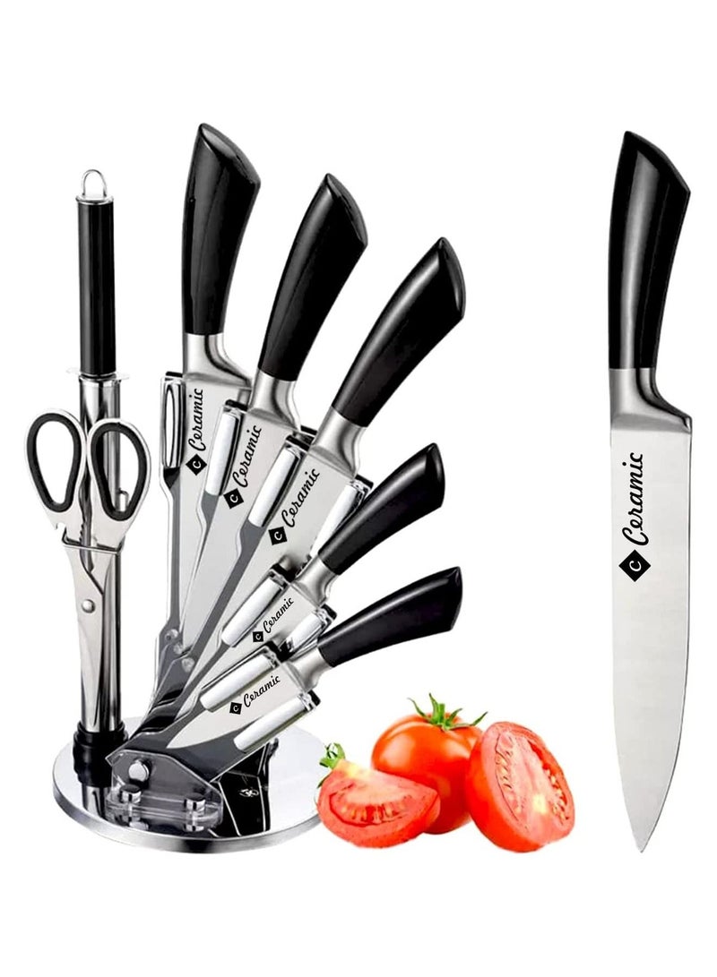 Kitchen Knife Set with Acrylic Knife Stand - Knife Sharpener and Scissors Ergonomic Non-Slip Handles Laser Cut Blade Sharpness Chef Quality Stainless Steel 8 Piece Black