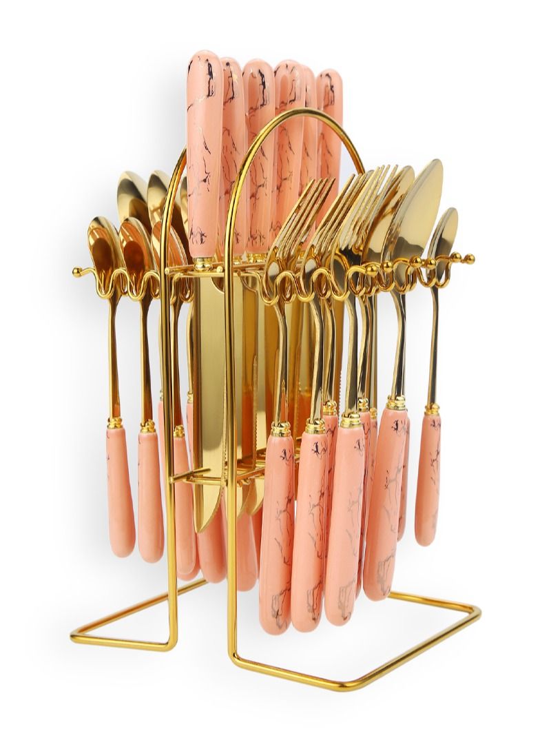 SUNHOME 24-Piece Stainless Steel Cutlery Set Kitchen Utensil Set Western Tableware Suitable For Home Kitchen Restaurant Hotel Party Dining Picnic Dining Exquisite Packaging Gift Gold/Pink