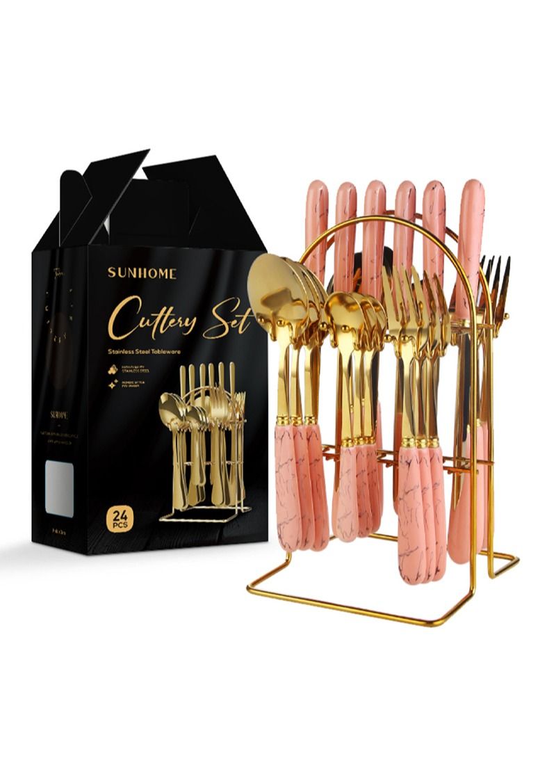 SUNHOME 24-Piece Stainless Steel Cutlery Set Kitchen Utensil Set Western Tableware Suitable For Home Kitchen Restaurant Hotel Party Dining Picnic Dining Exquisite Packaging Gift Gold/Pink