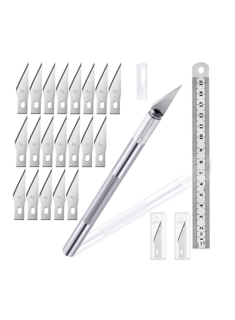 Craft Knife 1 Pieces Sculpture with 20 Stainless Steel Blades Kit and 1Pieces 15cm Ruler, for Cutting Carving Scrapbooking Stencil Art Creation(Color: Silver)