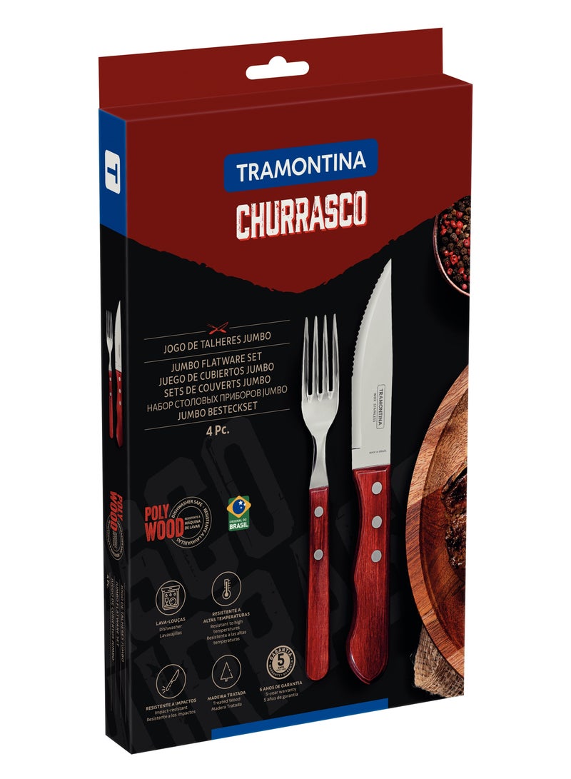 Churrasco 4 Pieces Stainless Steel Jumbo Barbecue Flatware Set with Treated Red Polywood Handles