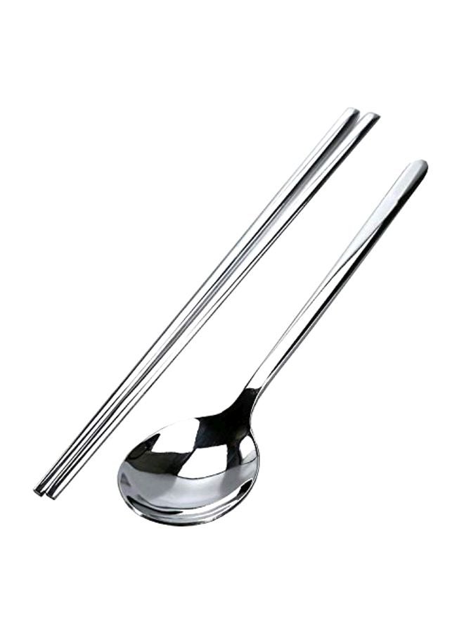 3-Piece Stainless Steel Chopstick And Spoon Set Silver 8.5inch