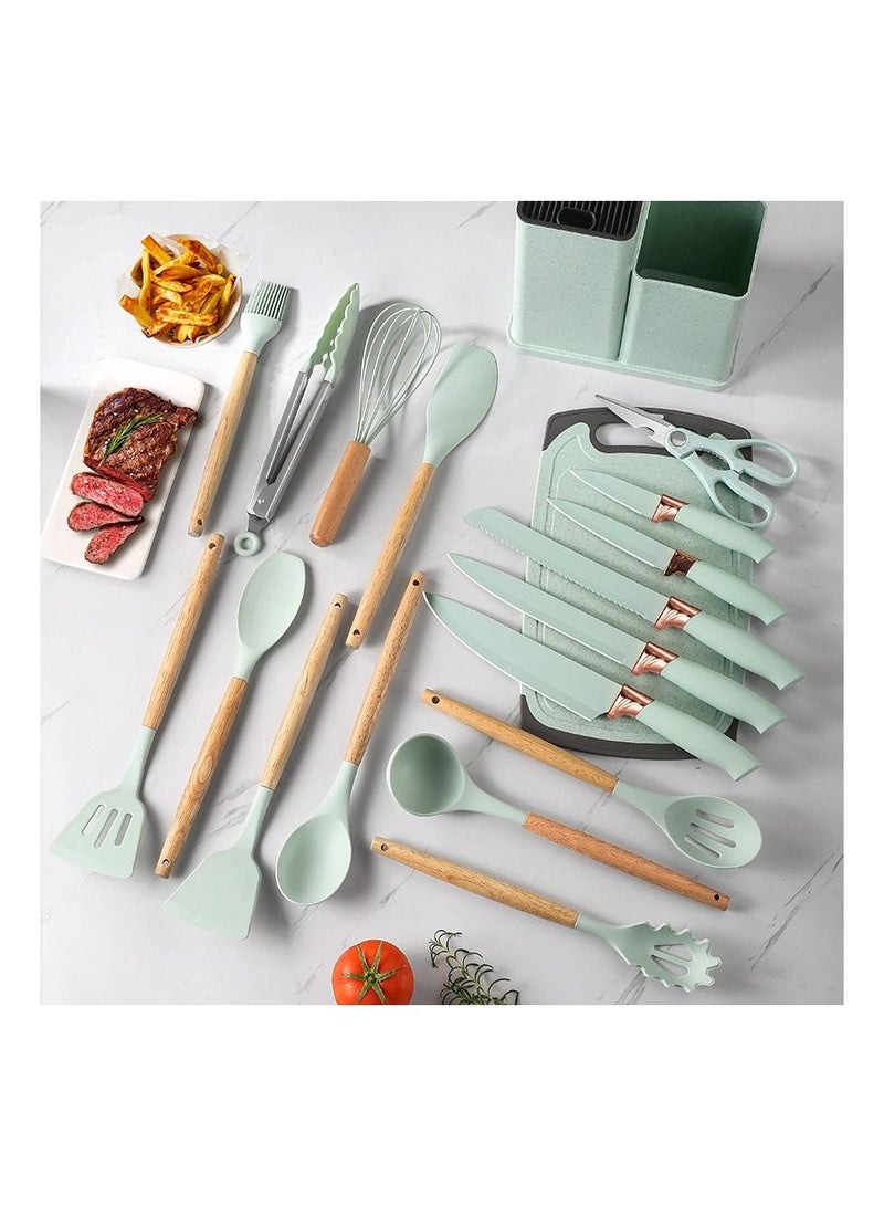 Silicone 19-Piece Wooden Handle Kitchen Gadget Set with Knifes, Cutting Board and Storage Bucket. Mint Green