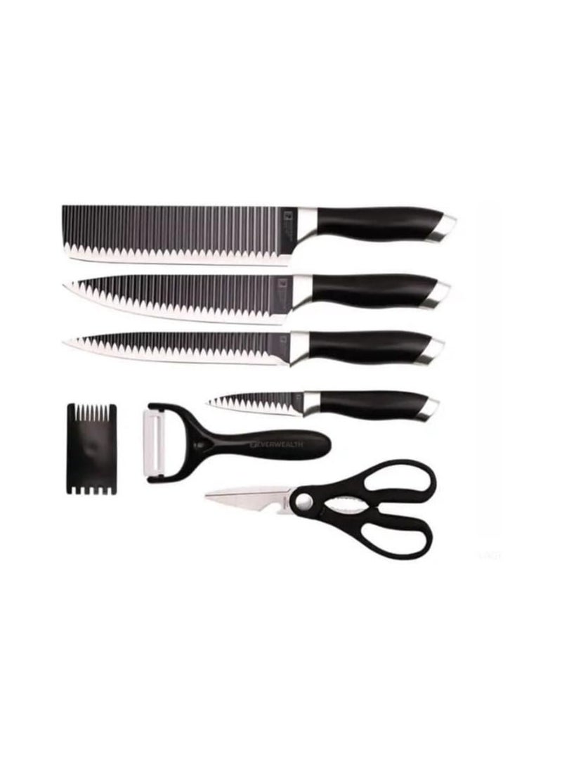 Kitchen Knife Set, 7 Pieces Professional Chef Knife Sets stainless Steel Corrugated Knife Non-Stick Coated, Black