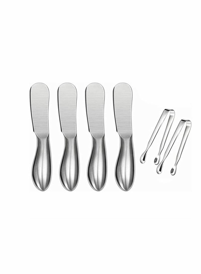 Spreader Knife Set, 6 Pack Cheese Butter Knives, and Mini Serving Tongs, Stainless Steel Multipurpose Suitable for Home or Cake Shop