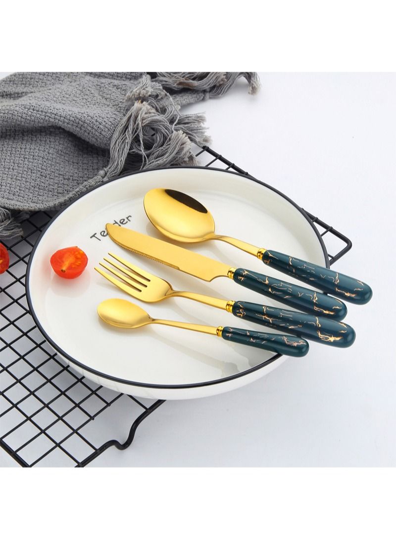 SUNHOME 24-Piece Stainless Steel Cutlery Set Kitchen Utensil Set Western Tableware Suitable For Home Kitchen Restaurant Hotel Party Dining Picnic Dining Exquisite Packaging Gift Green/Gold