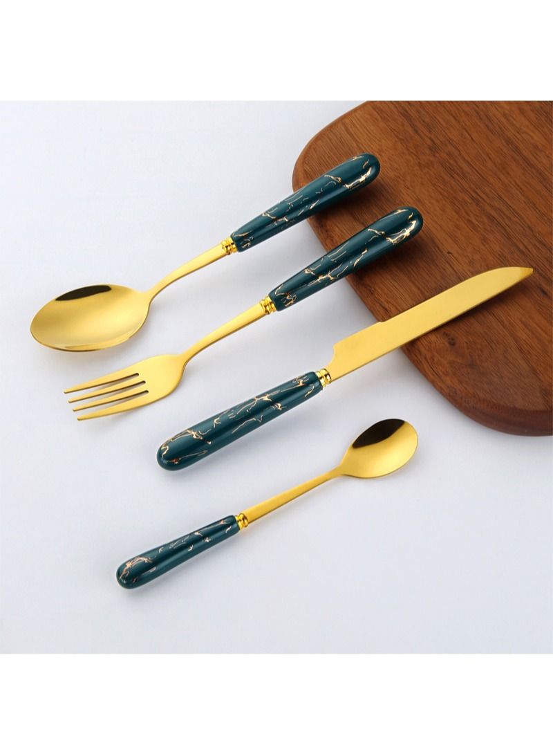 SUNHOME 24-Piece Stainless Steel Cutlery Set Kitchen Utensil Set Western Tableware Suitable For Home Kitchen Restaurant Hotel Party Dining Picnic Dining Exquisite Packaging Gift Green/Gold