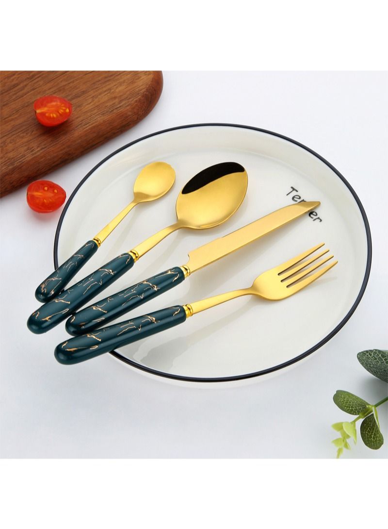 SUNHOME 24-Piece Stainless Steel Cutlery Set Kitchen Utensil Set Western Tableware Suitable For Home Kitchen Restaurant Hotel Party Dining Picnic Dining Exquisite Packaging Gift Green/Gold