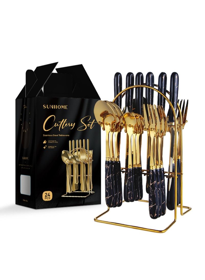 SUNHOME 24-Piece Stainless Steel Cutlery Set Kitchen Utensil Set Western Tableware Suitable For Home Kitchen Restaurant Hotel Party Dining Picnic Dining Exquisite Packaging Gift Gold/Black