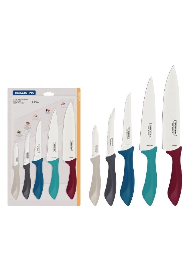 Since 1911,Made in Brazil- Affilata 5 Pieces Knife Set with Stainless Steel Blade and Multicolor Polypropylene Handle
