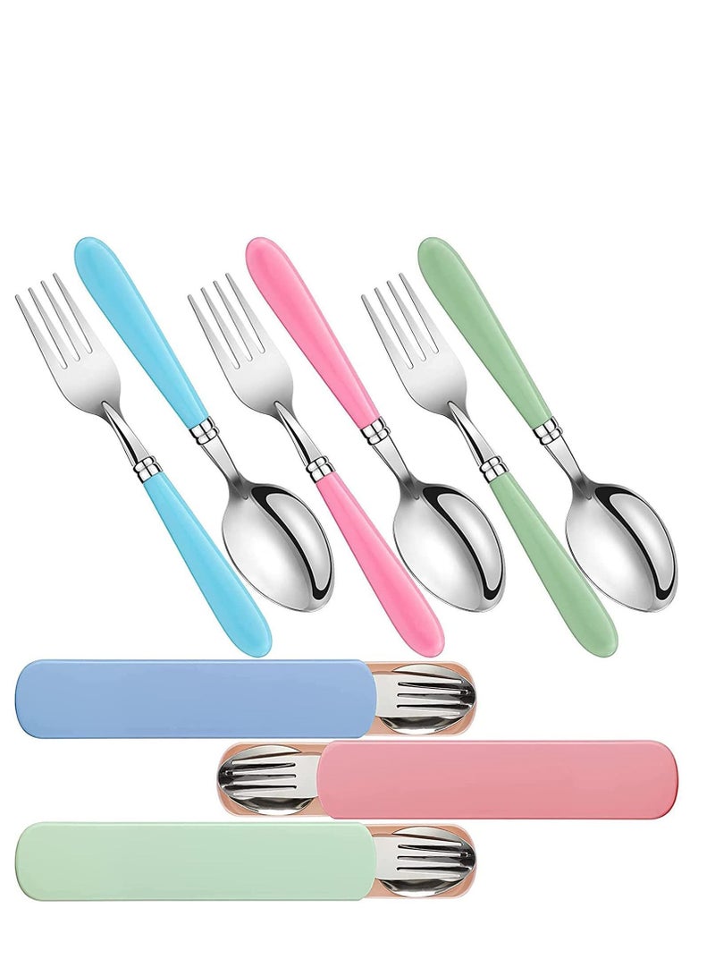 Kids Utensils Stainless Steel Fork and Spoon Set Child Flatware with Silicone Round Handle Safe Cutlery Travel Cases( 3 Sets )