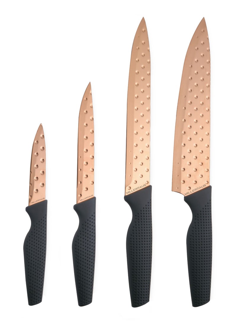 Millerhaus 4Pc Knife Set Stainless Steel Blade With Copper Titanium Coating Set Include 1Pc Chef Knife 20Cm 1Pc Slicer Knife 20Cm 1Pc Utility Knife 12.5Cm 1Pc Paring Knife 8.75Cm Rose Gold/Black Color