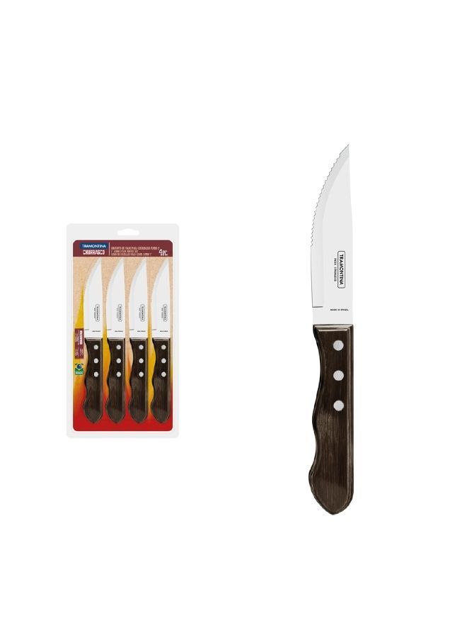 Jumbo 4 Pieces Steak Kinife Set with Stainless Steel Blade and Brown Dishwasher Safe Polywood Handle