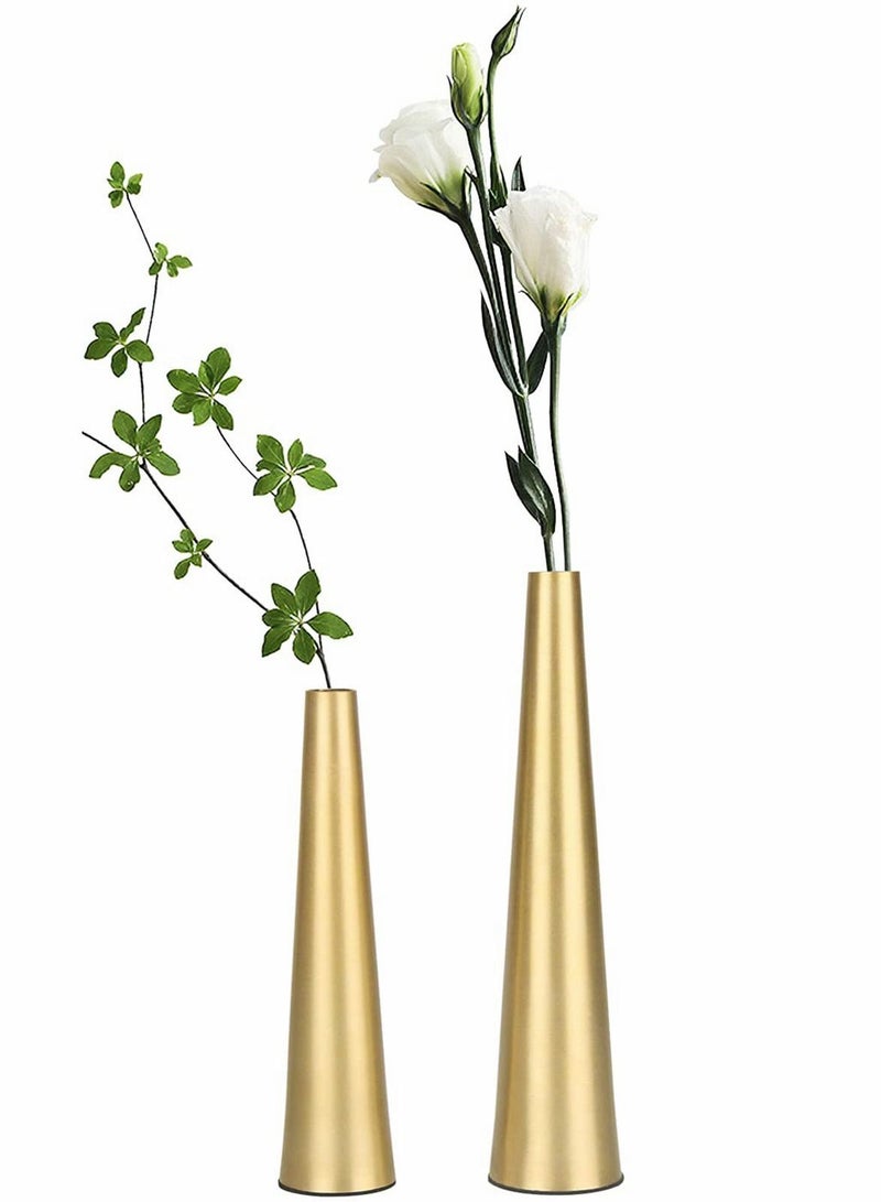 Gold Metal Vase, 2 Pcs 10.5/8.5 inch Flower Vase Home Décor Living Room Boho Vases for Entryway, Bookshelf, Mantel, Centerpieces, Shelf Décor(Gold)