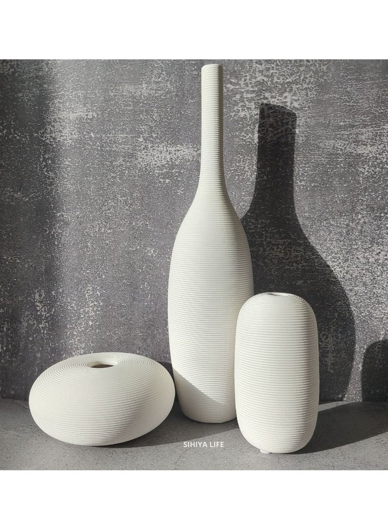 SIHIYA LIFE Set of 3 Warm White Embossed Line Ceramic Vases | with 30pcs White Vase Fillers | for Flower Arrangements, Elegant Home Décor, Gifting (C)