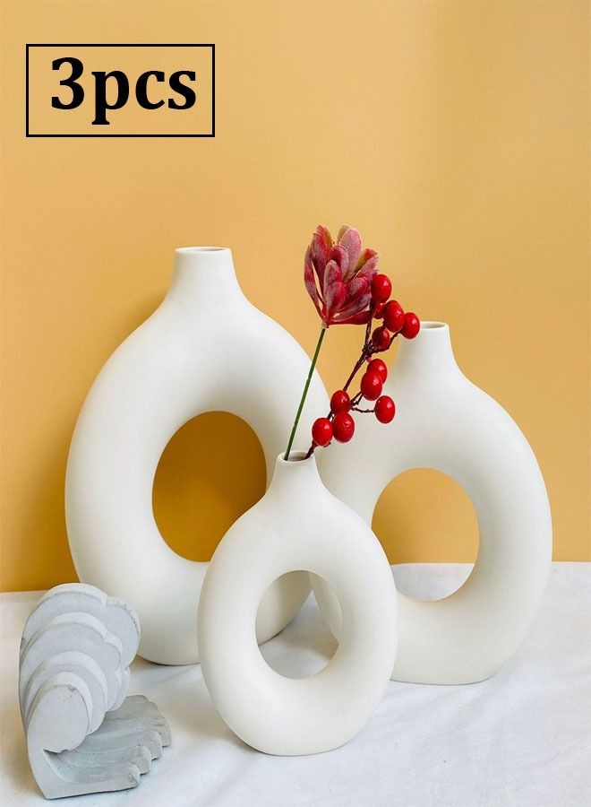 3-Pieces Modern Design Nordic Minimalism Donut Circle Ceramic Vase for Home Decoration