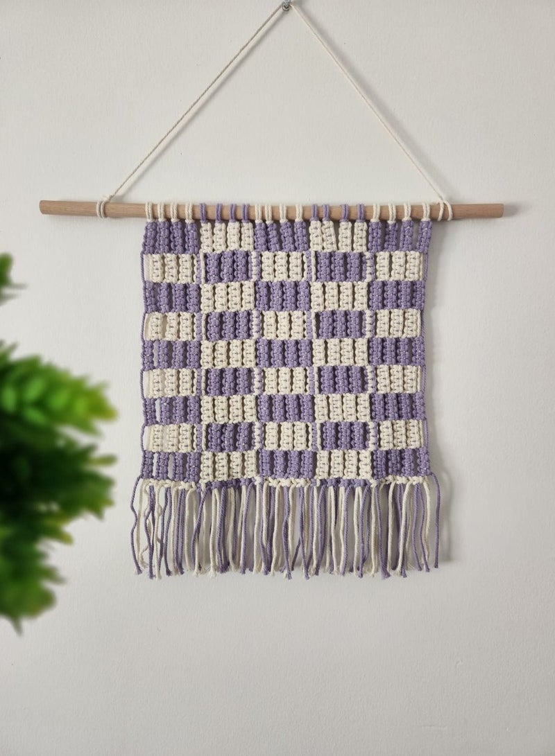 handmade macrame off-white with lavender shade wall hanging