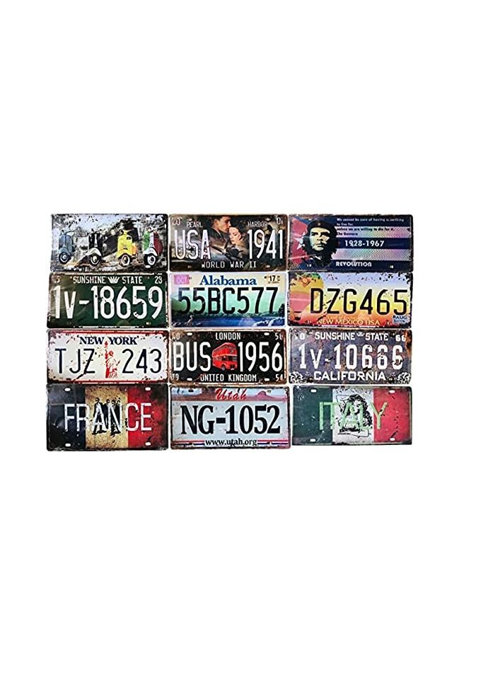 FFD 12 Pieces Wall Decorative Metal Plate Metal Wall Plate Wall Plate Metal Art Tin Sign Plaqui Print Poster Car Plate Plaque Decals