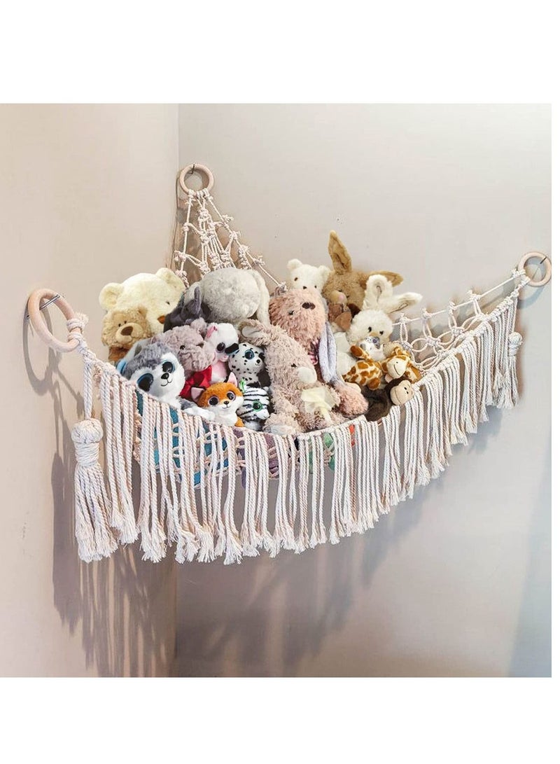 Stuffed Animal Toy Hammock Macrame with Light, Corner Toy Corner Hammock Organizer Display Holder Net for Hanging Stuff Animals