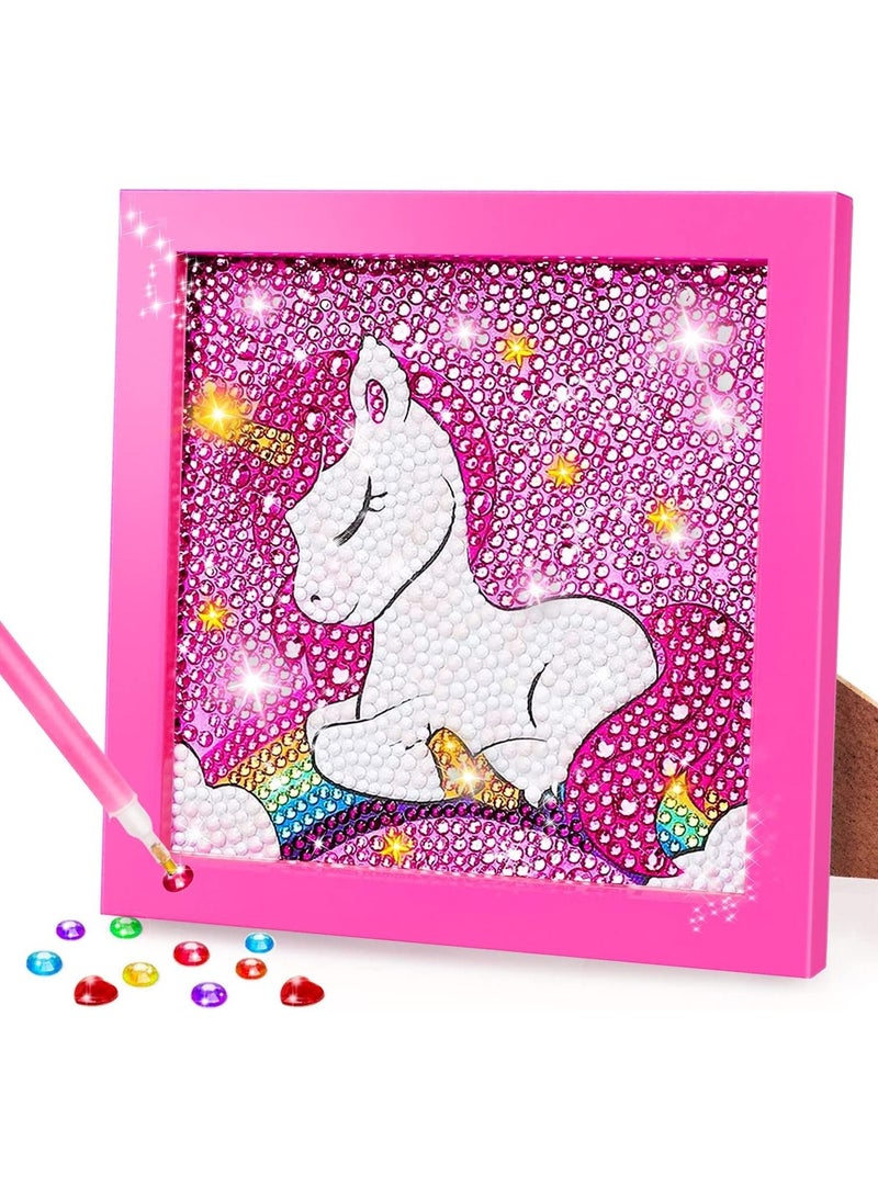 SYOSI 5D Unicorn Diamond Painting Kit, Wooden Frame, Diamond Arts and Crafts,  Gem Art Painting Kit Toy Gifts Unicorn Diamond Dots, for Kids Ages 6-8-10-12
