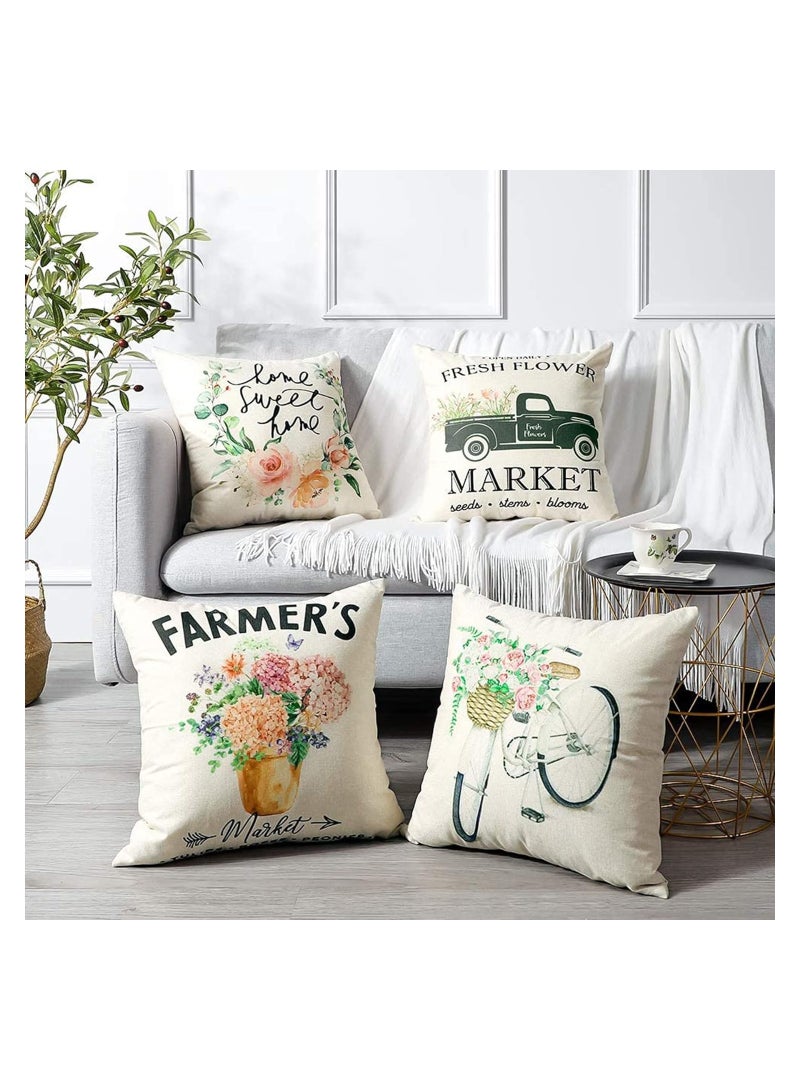 Decorative Throw Pillow Covers Pack of 4, Waterproof Cushion Covers, Perfect to Outdoor Patio Garden Living Room Sofa Farmhouse Decor (18x18 Inches) (Tulip Farm Cycling Flowers)