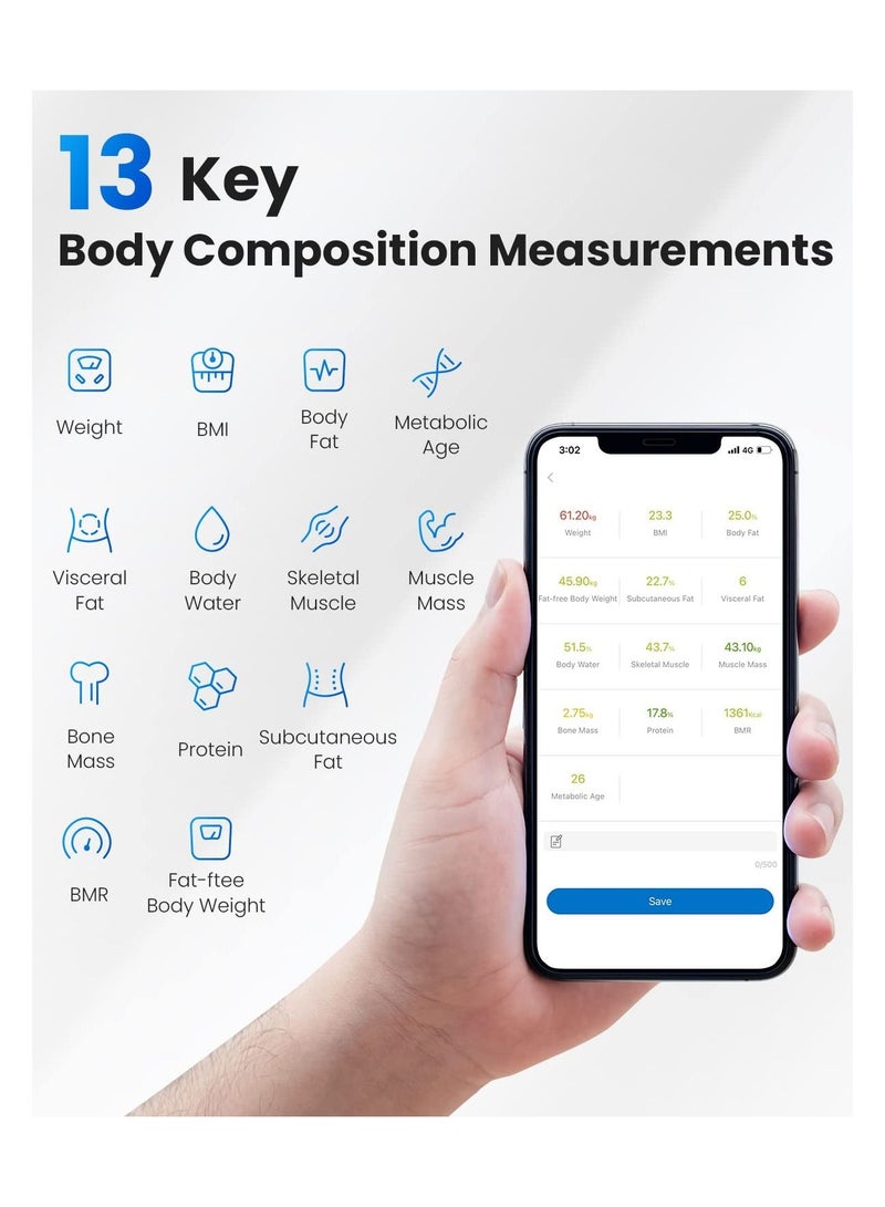 Smart Digital Scale for Body Fat with 13 Body Composition Analyzer Fitness Track Monitor With Smart App - White
